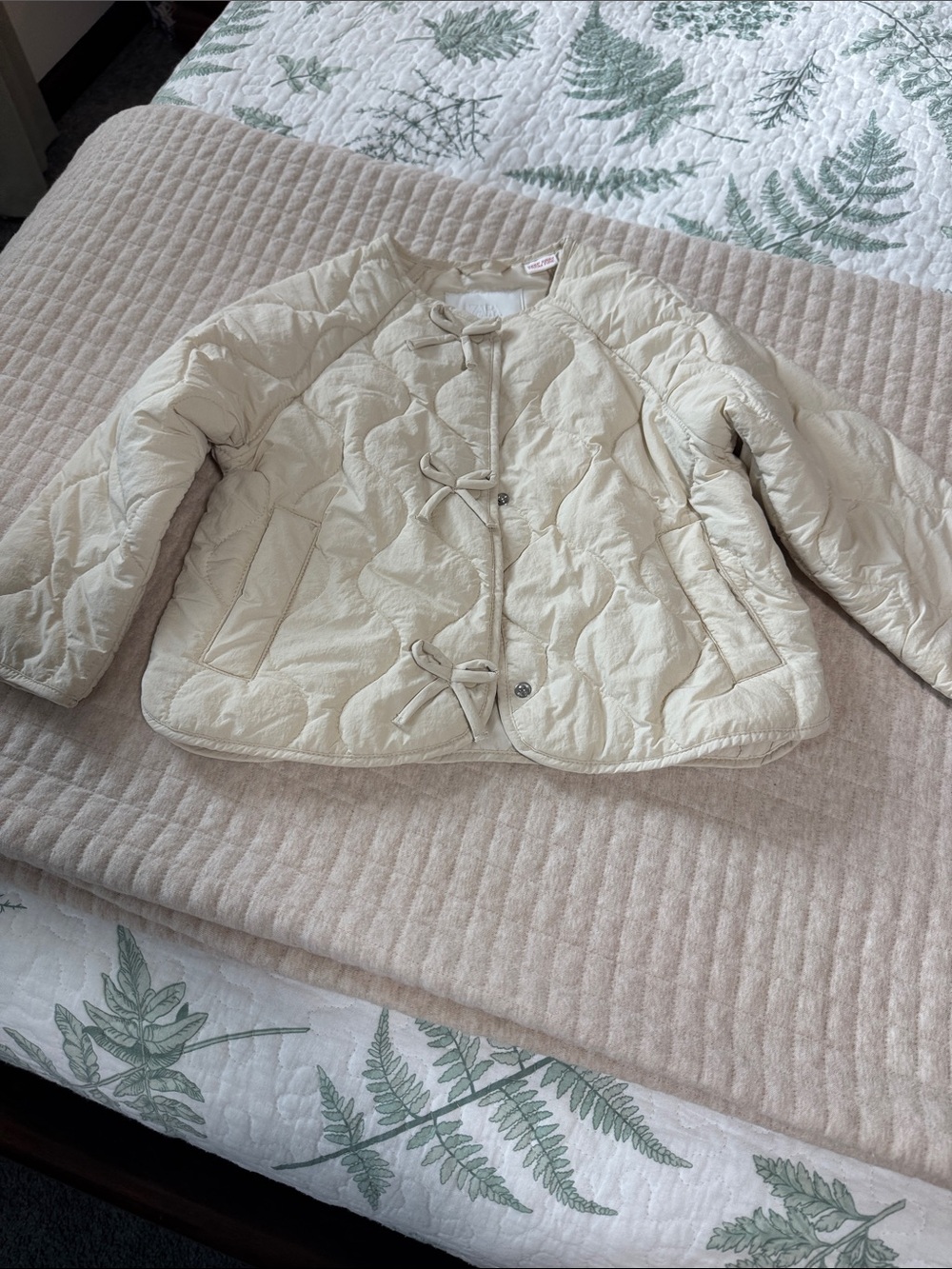 Zara Cream Quilted Bow-Front Puffer Jacket